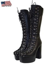 Women Black Gothic High Heel Platform Boots Studded Corset Combat Chunky Punk