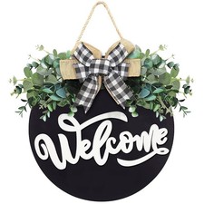 Welcome Sign for Front Door, 12 Inch Round Black Wood Wreath 12 Inches,