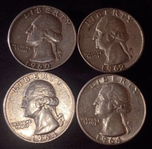 (4) 1960's Wash Quarters (90% Silver): 60-D, 62-D & (2) 64(D)'s-Below Melt Start