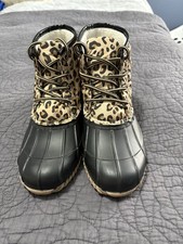 Magellan Outdoors Animal Print Lined Lace Up Ankle Rain Boots Black Beige Size 7