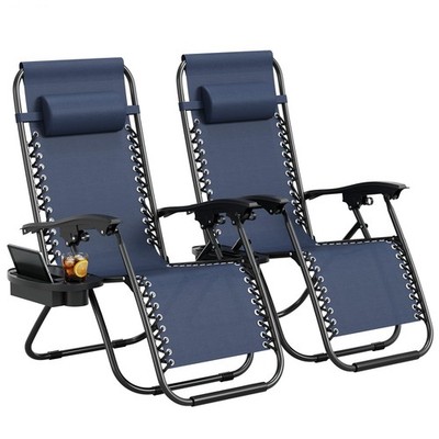 Set of 2 Zero Gravity Lounge Chairs with Pillow and Cup Holder Tray, Folding