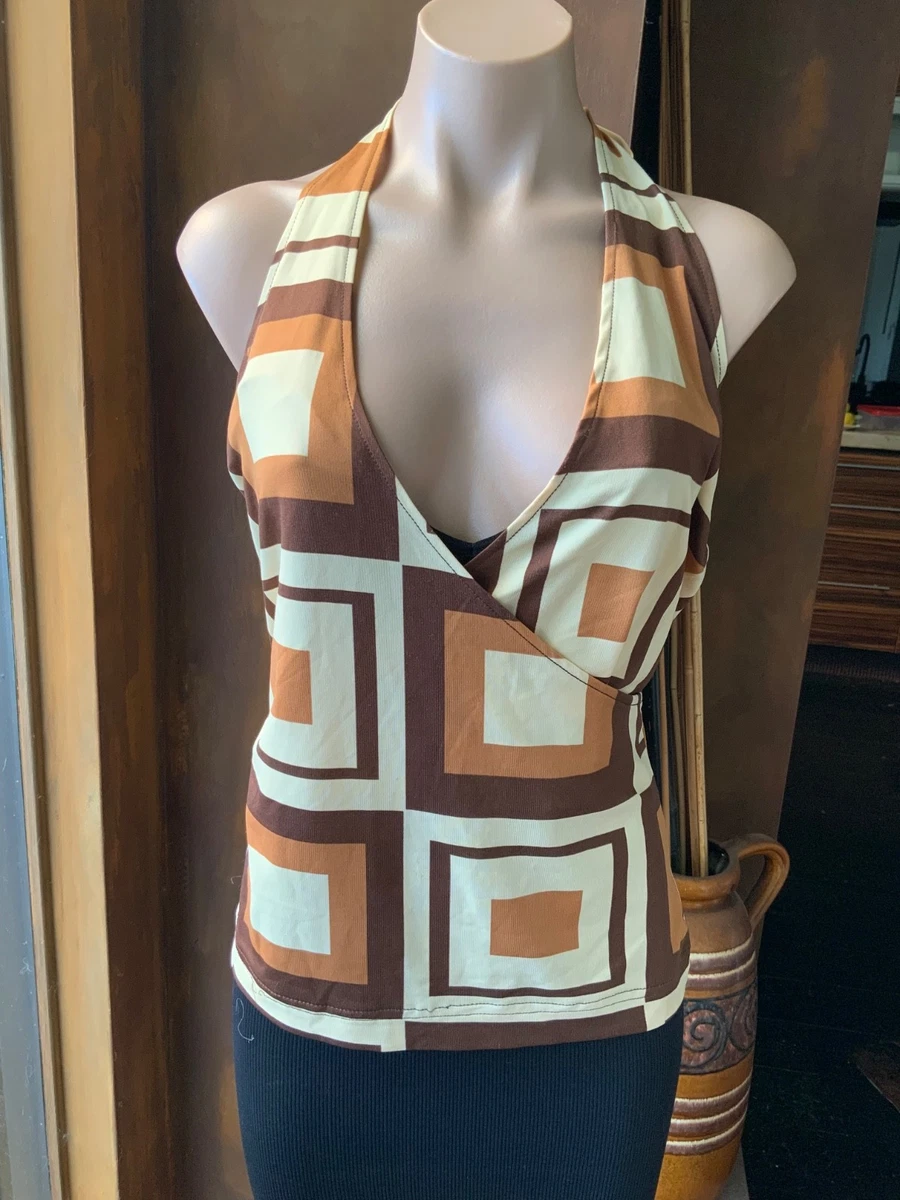 Atelier Y2K Geometric Print Halter Neck Top Size 10 Brown Tan Cream MCM Retro