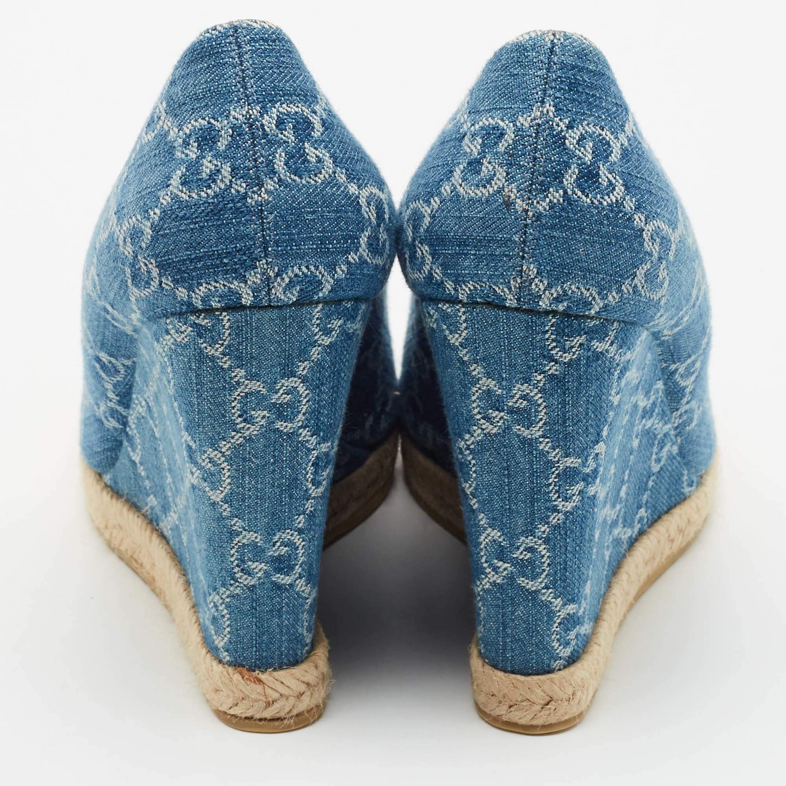 Gucci Charlotte Size 40 Blue GG Denim Horsebit Peep Toe Wedge Pumps image 5