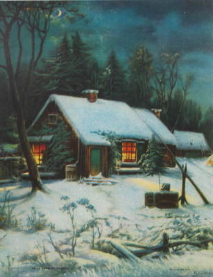Vintage Art Winter Cabin In Woods Wm Thompson Ebay