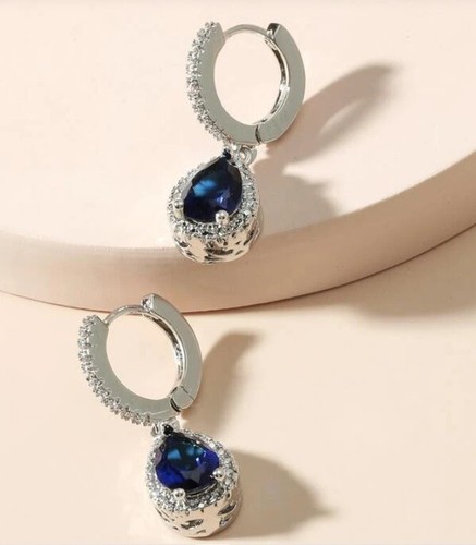 Silver Metal Royal Blue Teardrop Zircon Drop Decor Earrings Jewellery Wedding - Picture 2 of 3