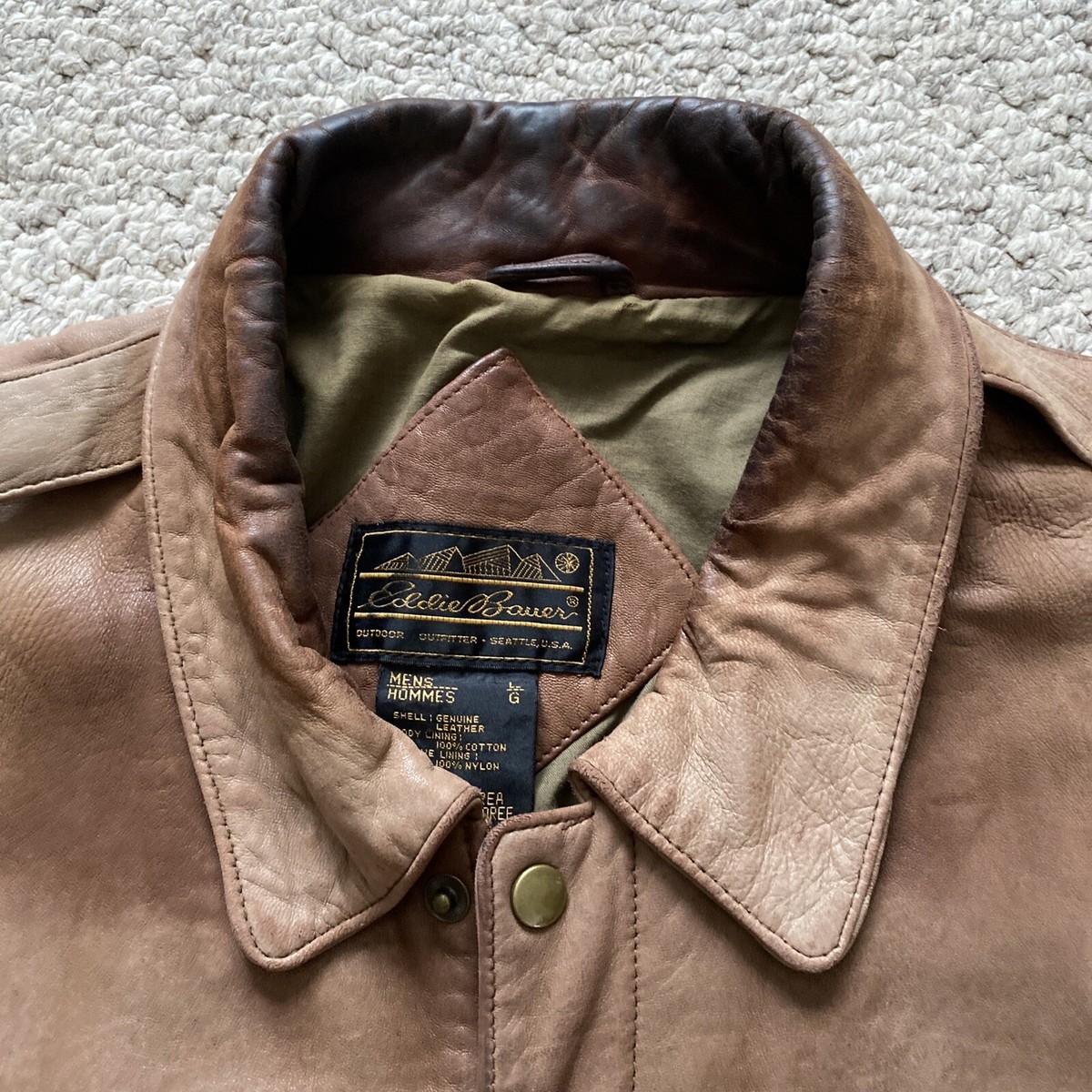 Vtg 1980's Eddie Bauer Brown Men's L Soft Leather Bomber Jacket