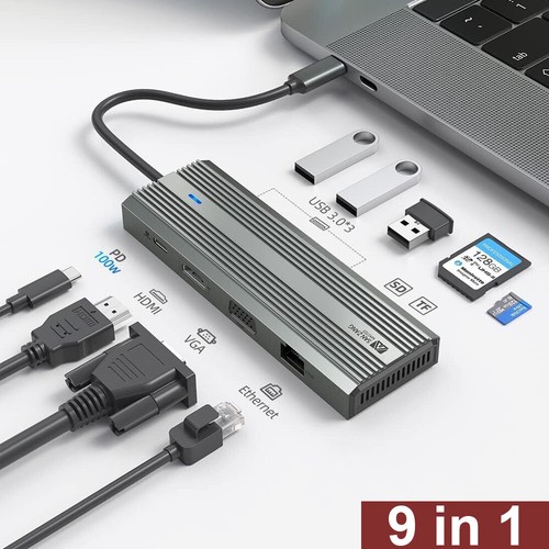 USB C Hub 9 w 1 Wieloportowy adapter HDMI 4K USB 3.0 Micro SD do PC Macbook szary - Zdjęcie 1 z 10