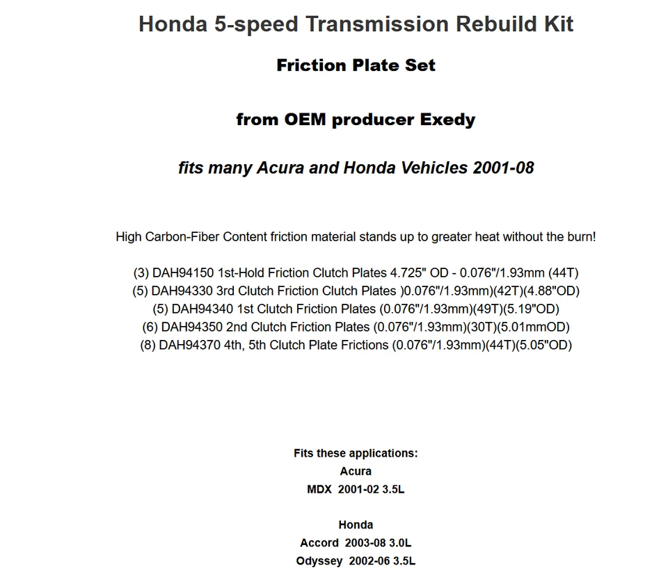 Комплект фрикционных пластин коробки передач Honda Acura 5 скоростей 2001-08 BHHA MGHA BYBA BAYA - Изображение 3 из 3