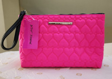 Betsey Johnson Wristlet Bright Pink Quilted Hearts Nylon Oversized Cosmetic Bag