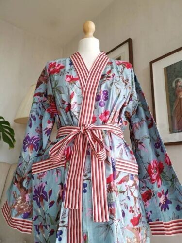 Colorful Cotton Kimono Indian Women Bathrobe Nightwear Sleeping Robe Body Cover - Picture 2 of 5