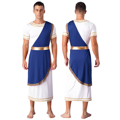 Herren Griechischer Gott Kostüm Kurzarm Retro Römische Toga Kostüm Robe mit Rand