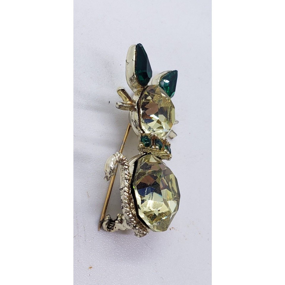 Vintage Dodds Cat Brooch Citrine Yellow & Green Rhinestone Rare Color