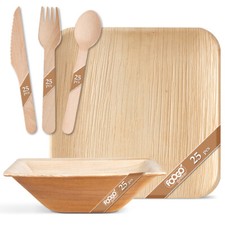 FOOGO Green Disposable Palm Leaf Plates, Wooden Cutlery Set & Bowls