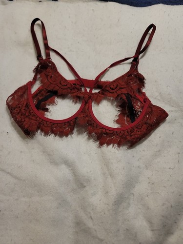 Red Lace Open Cup Bra Lingerie Size M Medium Strappy Sheer Boudoir Exotic