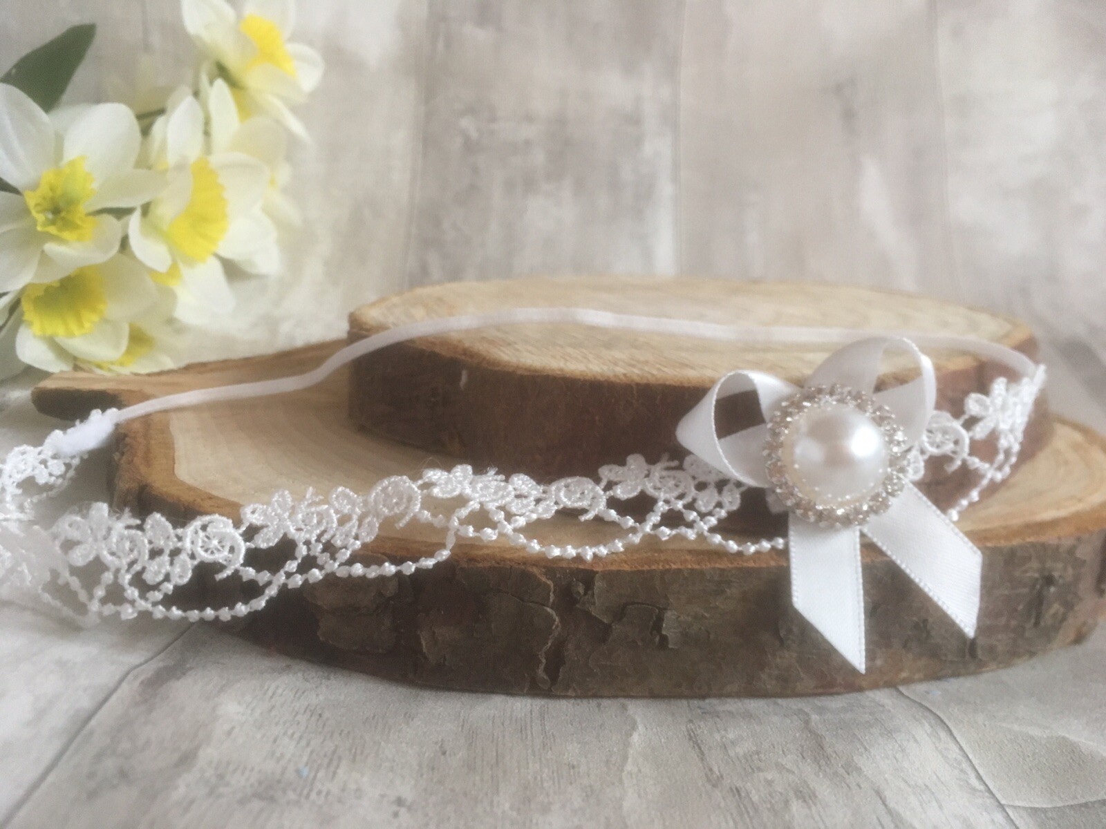 Baby Girl Ivory Christening Headband Baptism Wedding Lace Pearl