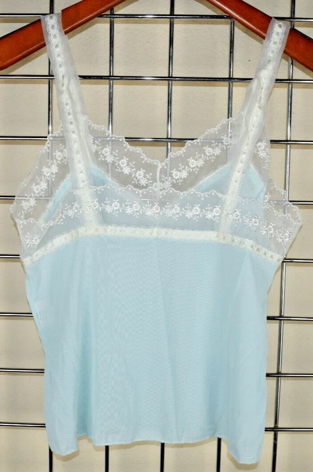 Camisola Vintage Carol Brent Talla S/M Años 50 Azul Pálido Blanco Rosa Correa de Cinta de Encaje Foto 4 de 4