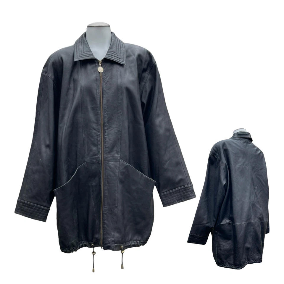 Chaqueta Bomber Vintage Años 80 G III Mujer L Cuero Suave Cremallera Completa Gran Tamaño NEGRA