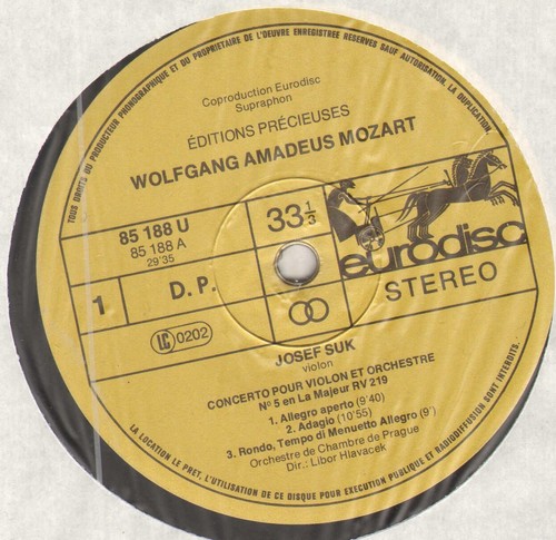 JOSEF SUK, MOZART CONCERTOS LP 1973 EURODISC 85188 STEREO - Picture 2 of 2