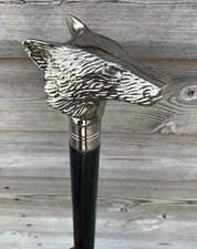 CLASSIC STYLE SILVER WOLF HEAD BRASS HANDLE BLACK WOODEN WALKING STICK CANE NEW