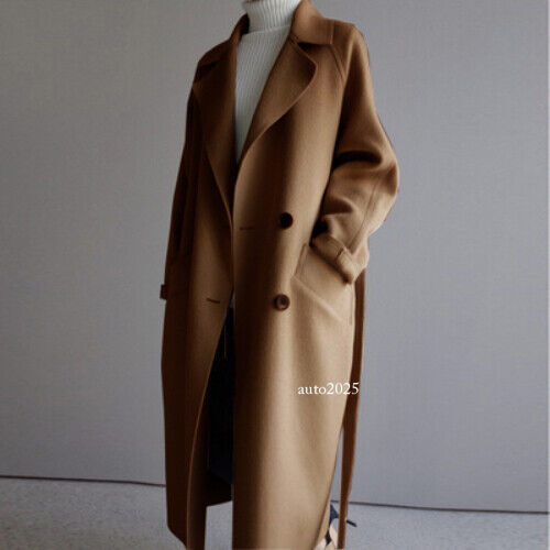 Women's Long Woolen Trench Coat Wool Coat Outwear Jacket Ladies Overcoat Parka - Picture 4 of 23