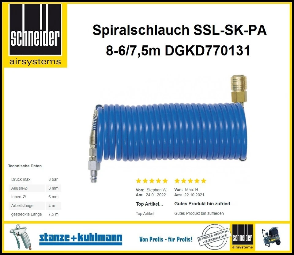 Schneider Druckluft Spiralschlauch SSL SK PA 8 6 7 5m D770131 SSL-SK-PA 8-6/7,5m