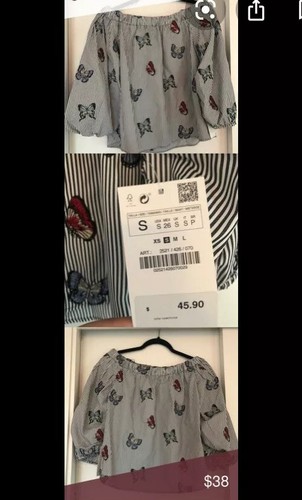 ZARA Blue Striped Top S Off Shoulder Embroidered Butterfly Shirt Blouse Oversize - Picture 2 of 3