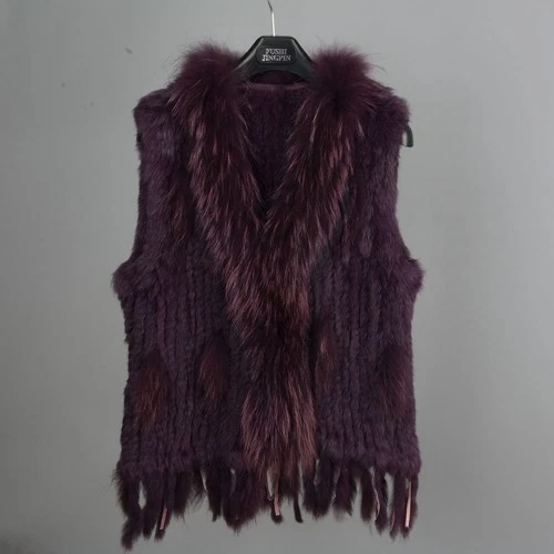 Fashion Lady Real Rabbit Classic Knitted Fur Vest Raccoon Collar Gilet Womens - Picture 9 of 39