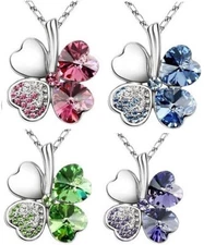 New Silver Plated Four Leaf Clover Cz Crystal Pendant Necklace Gift