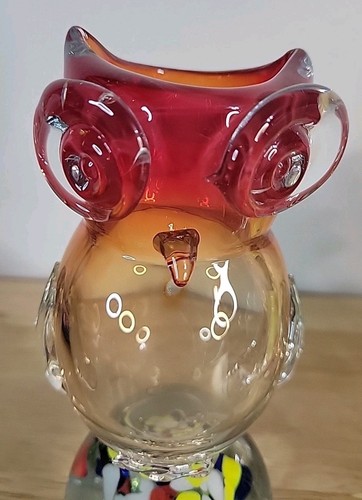 Vtg Art Glass Paperweight, Vase, Orange Red Owl, Swirled Colors Marked On Bottom - Picture 7 of 21