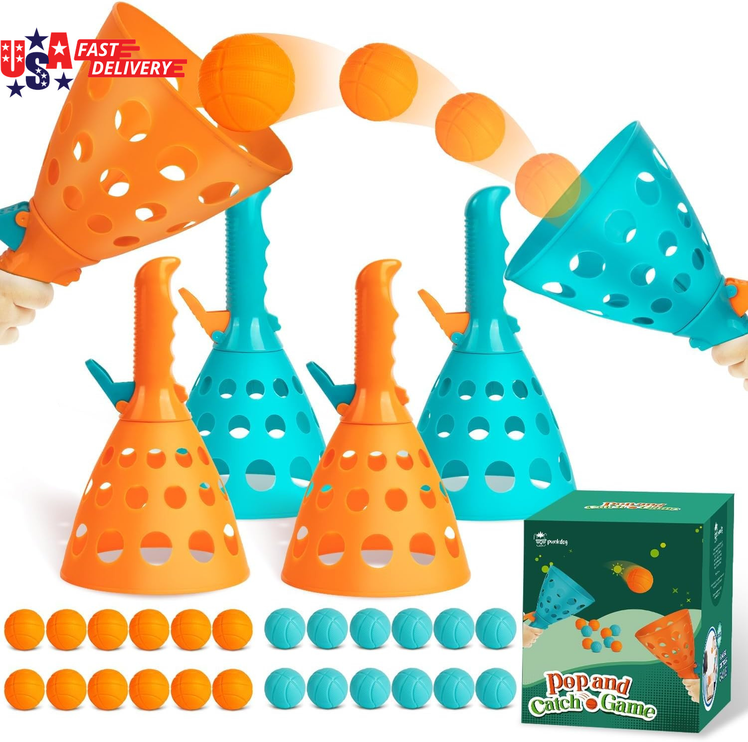 Pop and Catch Ball Game with 24 Balls and 4 Catch Launcher Baskets - Outdoor Ind
