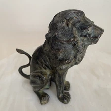 Antique Bronze 19th Century Classic Seated Lion Figure 6.5”Tall Patina Sculpture