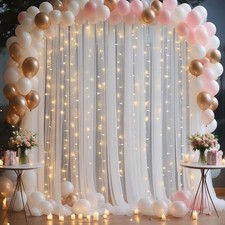 10x8ft White Tulle Backdrop Curtain with Lights String for Parties Sheer