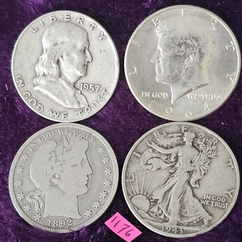 LOT of 4 🇺🇲 G-AU🔥1892 Barber 1943 1957 Franklin 1964 Silver Half Dollars 1176