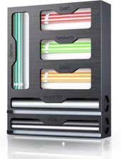 KOCWELL Bag Organizer and Plastic Wrap Dispenser with Cutter, 6 In 1 - Black