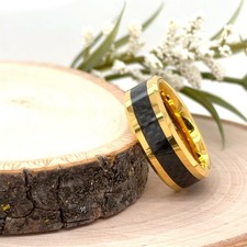 8mm Tungsten Carbide Ring Black Carbon Fiber Inlay  Gold Finish Stylish Band