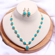 22K Gold Plated Brass Turquoise Teardrop CZ Necklace Earring Set Women Gift
