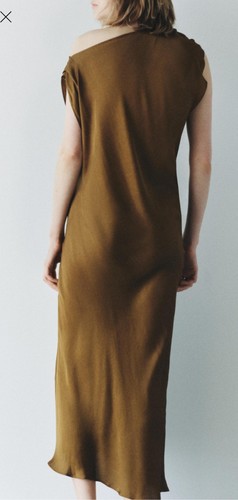 ZARA ZW COLLECTION SATIN MIDI DRESS CAMEL / BROWN size L BNWT - Picture 7 of 7
