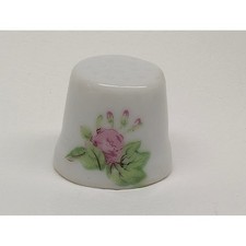Antique Miniature Porcelain Thimble Hand Painted Pink Rosebud Floral Collectible