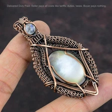 Copper Natural Black Mother Of Pearl Rainbow Moonstone Wire Wrapped June Pendant