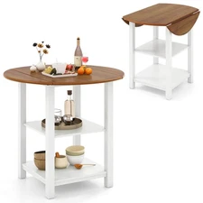 Folding Round Dining Table Drop Leaf Table with 2 Shelves for Small Spaces