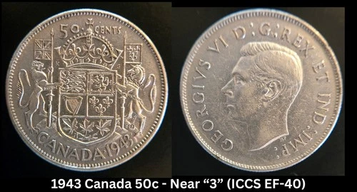 1943 Canada 50 Cents Near "3" • Silver • ICCS EF-40 • Certified Vintage Coin