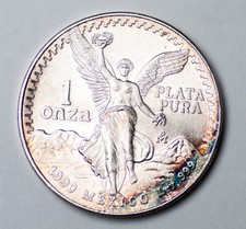 1990 UNC 1 Oz 999 SILVER MEXICO Libertad Pura Plata Rare Nat.Toning Coin