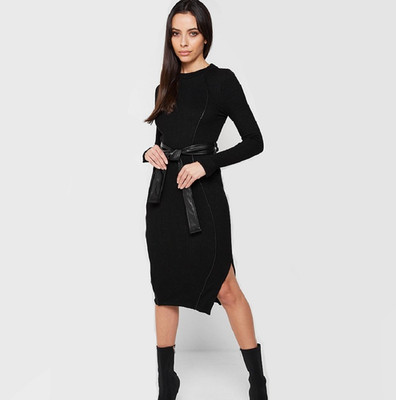 BNWT Maniere de Voir Black Rib Knit Midi Dress, Size US 10