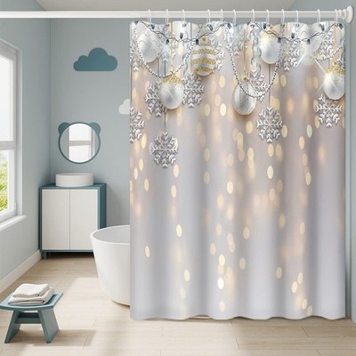 Christmas Shower Curtain with Hooks Silver Xmas Balls Snowflakes Gold Bokeh S...