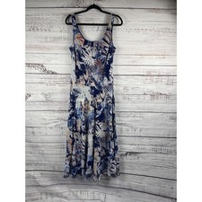 Nine West Dress Women's Size M Blue Leaf Print Sleeveless Maxi Lined Scoop Neck