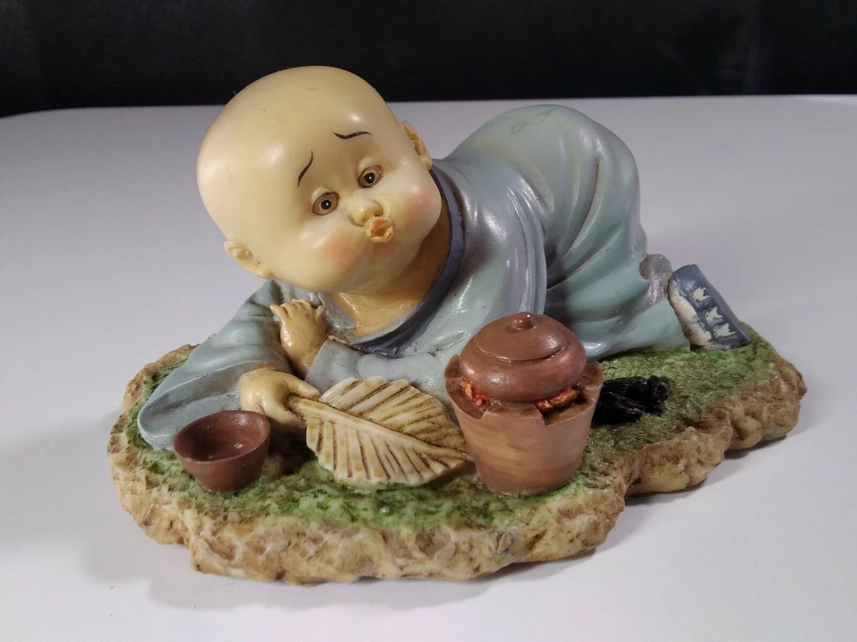 Baby Buddha Sculpture Monk Blows Pot Rare HTF Resin Chef Cooking