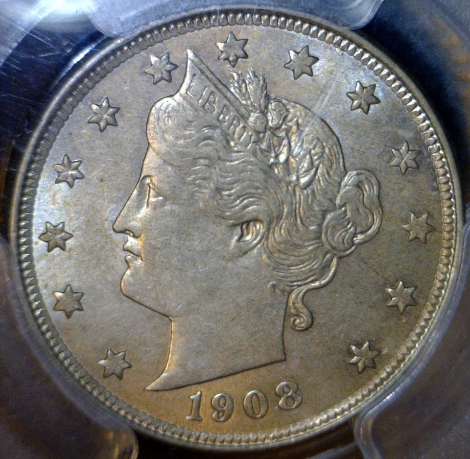 1908 ERROR PCGS MS63 Liberty Nickel CH BU Coin REPUNCHED DATE Gold Tone # RPD NR - Image 2 of 4