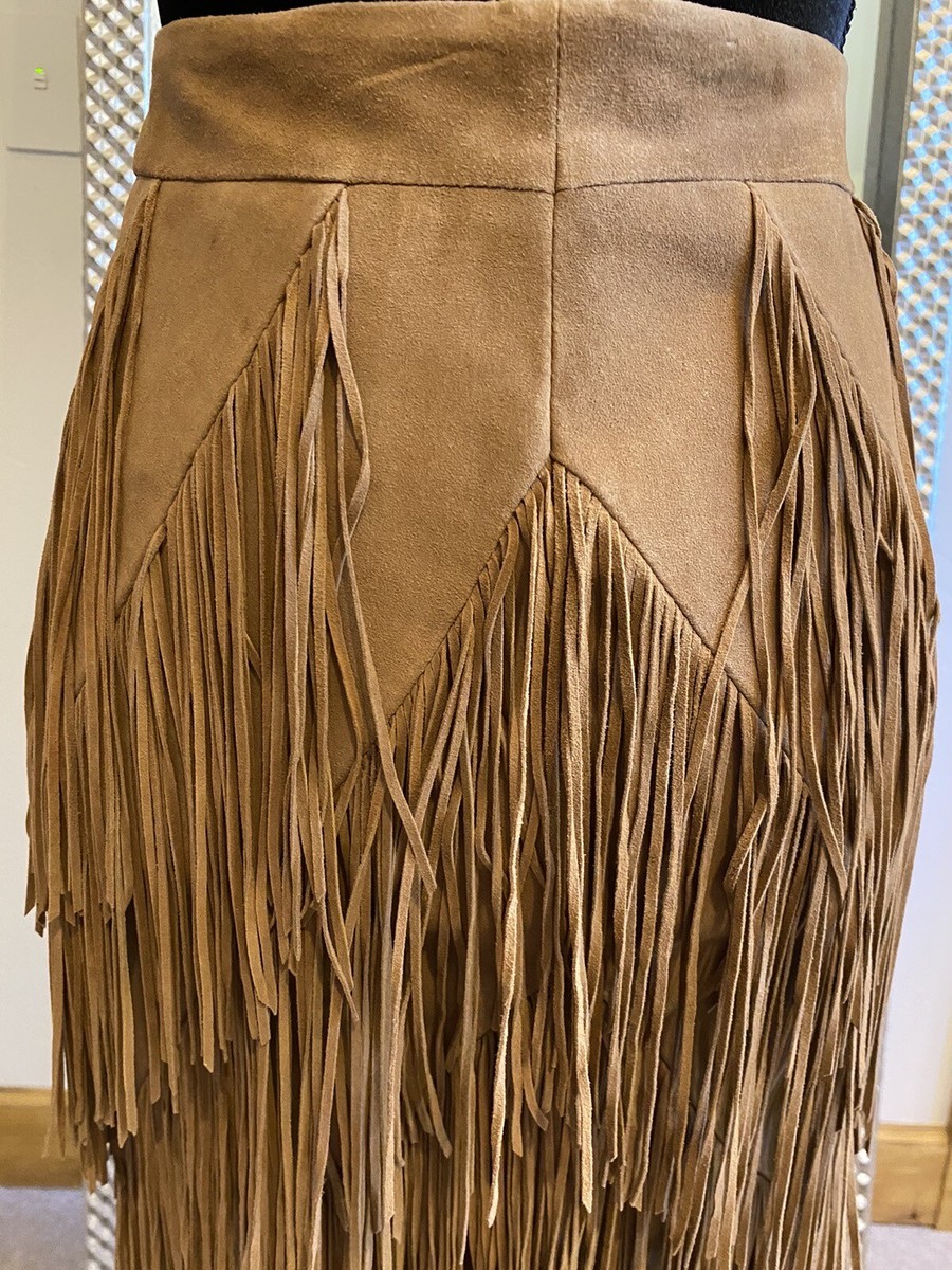 Intermix Brown Buttery Suede Knee Length Fringe Skirt Size XS/0