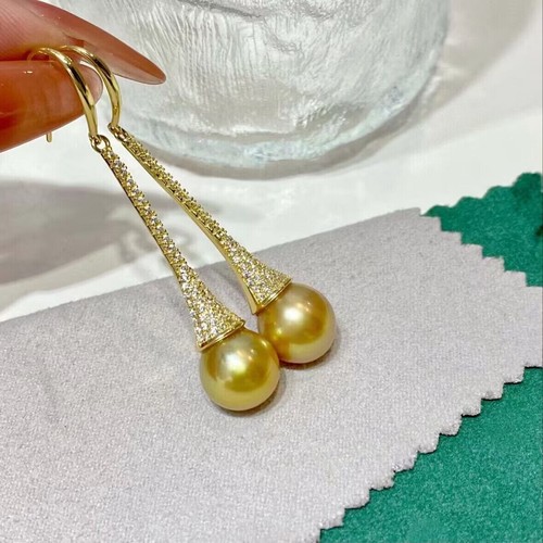 gorgeous 10-11mm south sea round gold pearl dangle earring 925s(t) - Picture 3 of 4