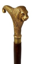 Antique Golden Finished Brass Lion Head Handle Wooden Walking Stick Present